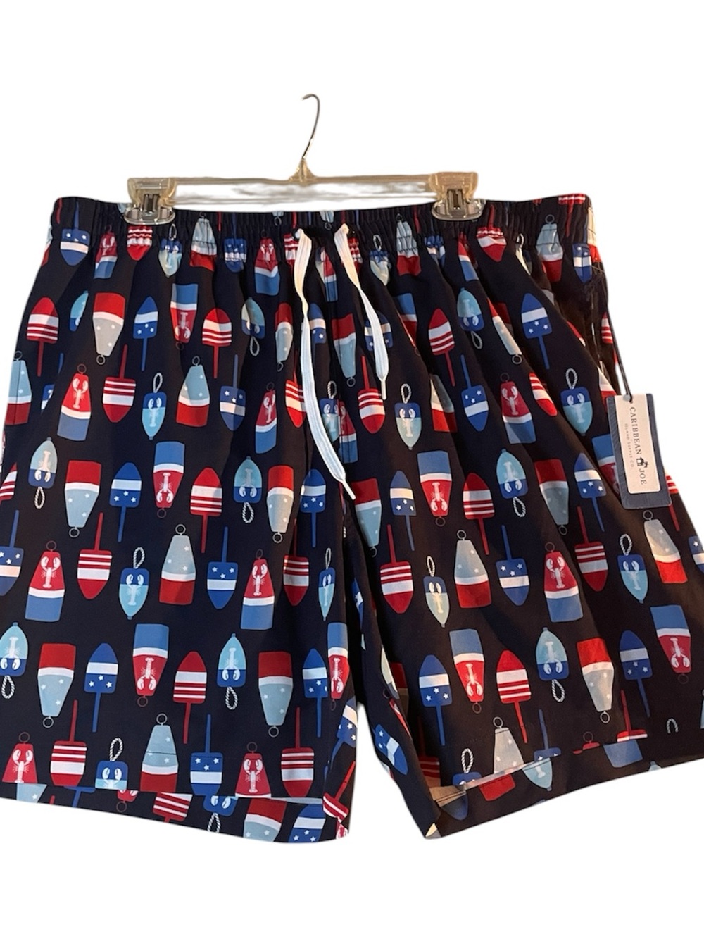 Caribbean Joe Navy Swim Trunks with Red, White & Light Blue Buoy Print